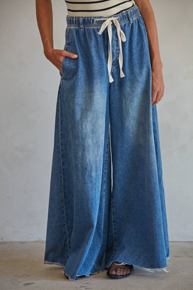 Denim Drawstring Waist Band Wide Leg Pants