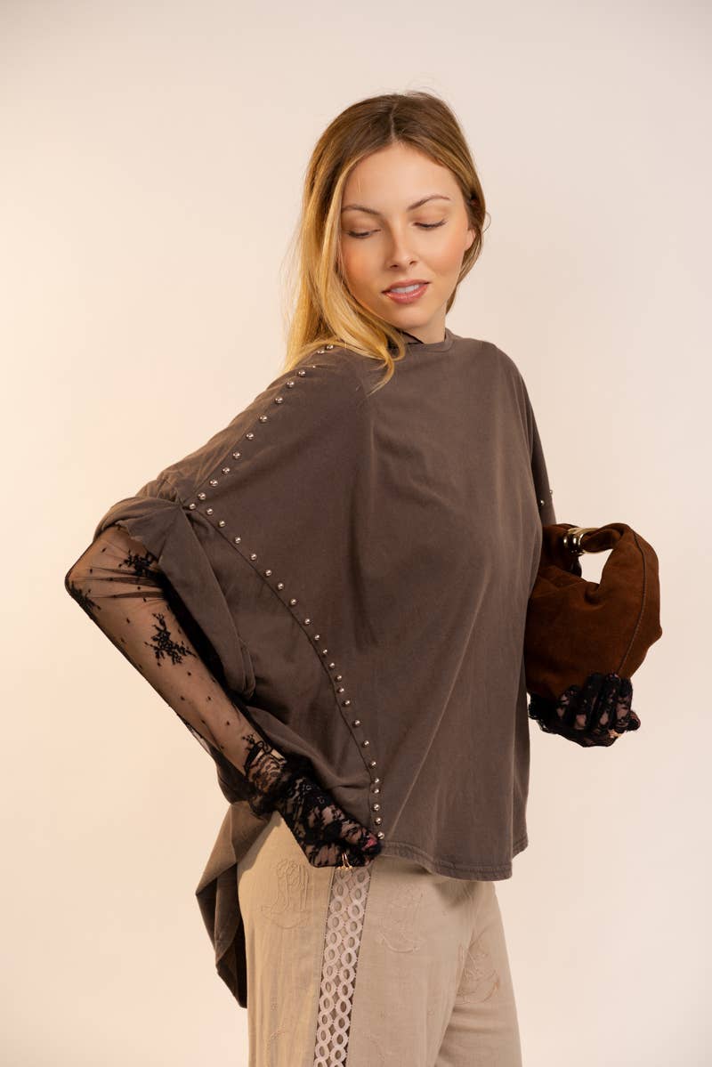 Garment Washed Roll Up Sleeve Studded High Low Tee