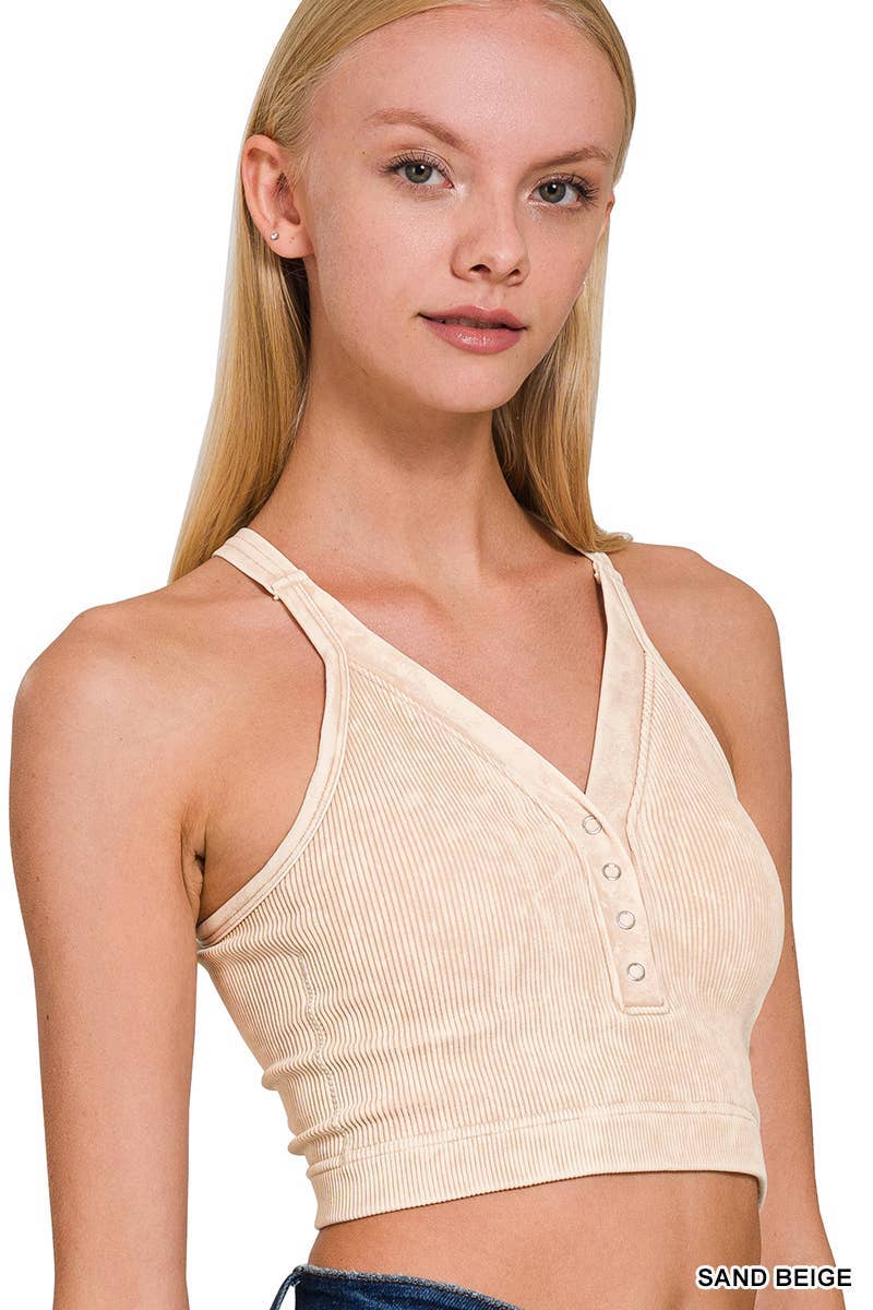 Washed Ribbed Cropped Button V-neck Tank Top
