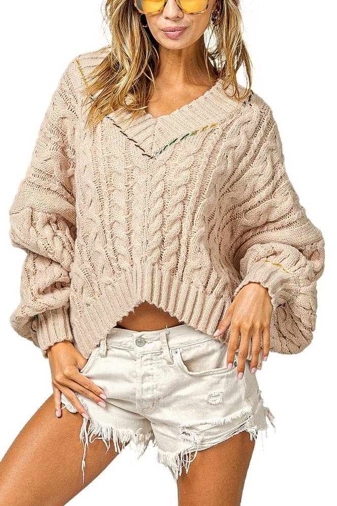 Stitch Edge Cable Knit V-neck Sweater Top