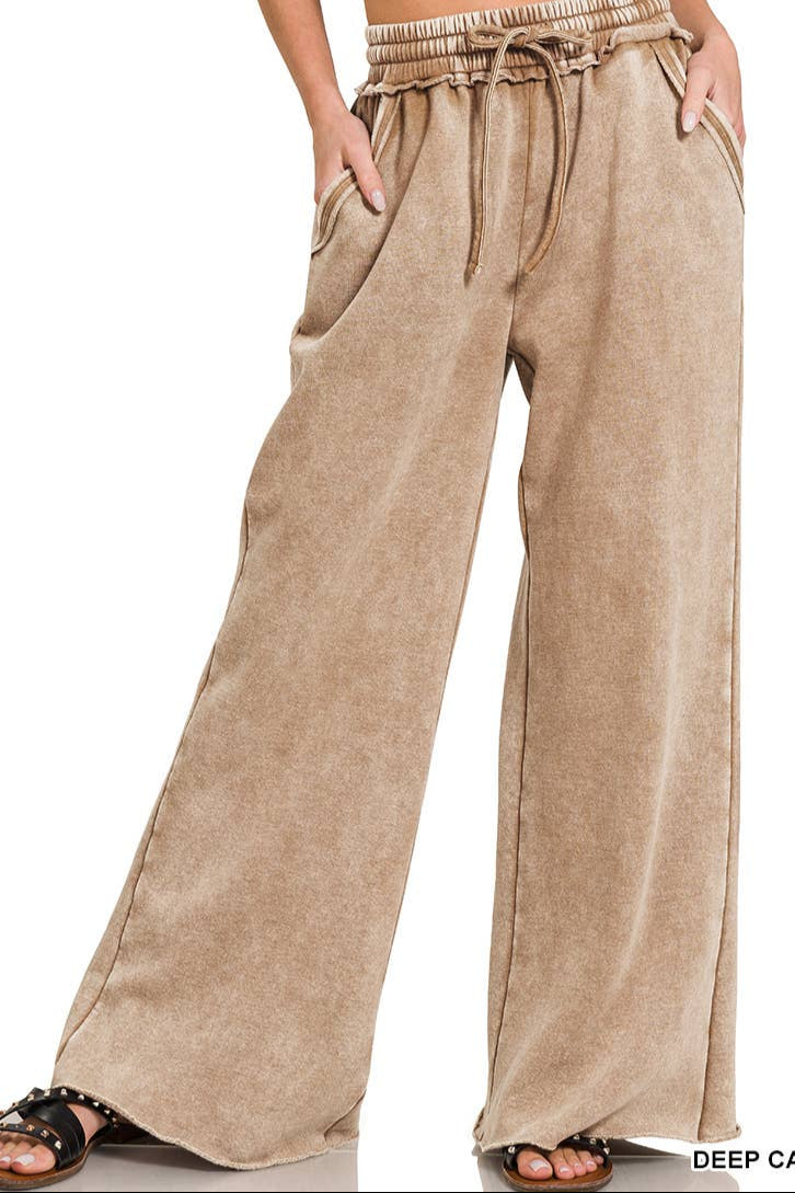 Acid Wash Fleece Palazzo Sweatpants With Pockets