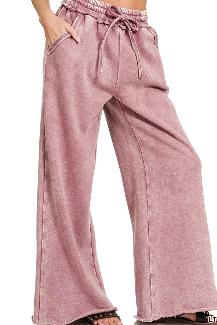 Acid Wash Fleece Palazzo Sweatpants With Pockets