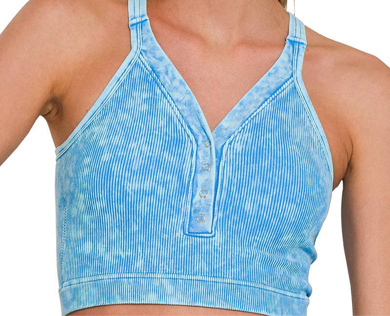 Washed Ribbed Cropped Button V-neck Tank Top