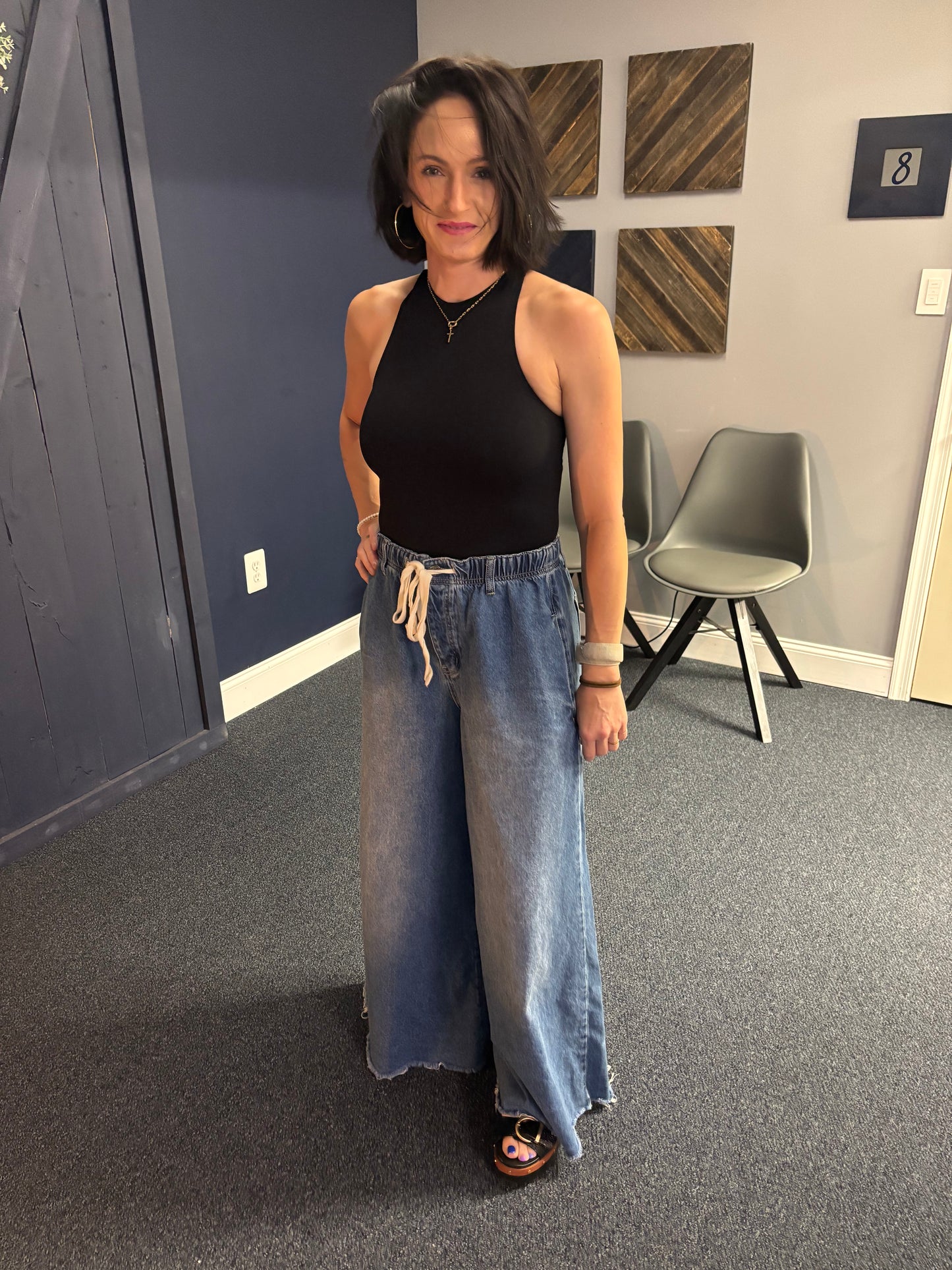 Denim Drawstring Waist Band Wide Leg Pants