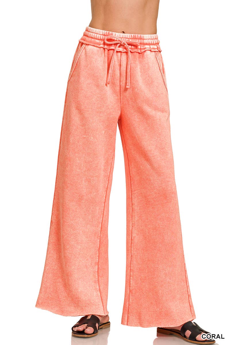 Acid Wash Fleece Palazzo Sweatpants With Pockets