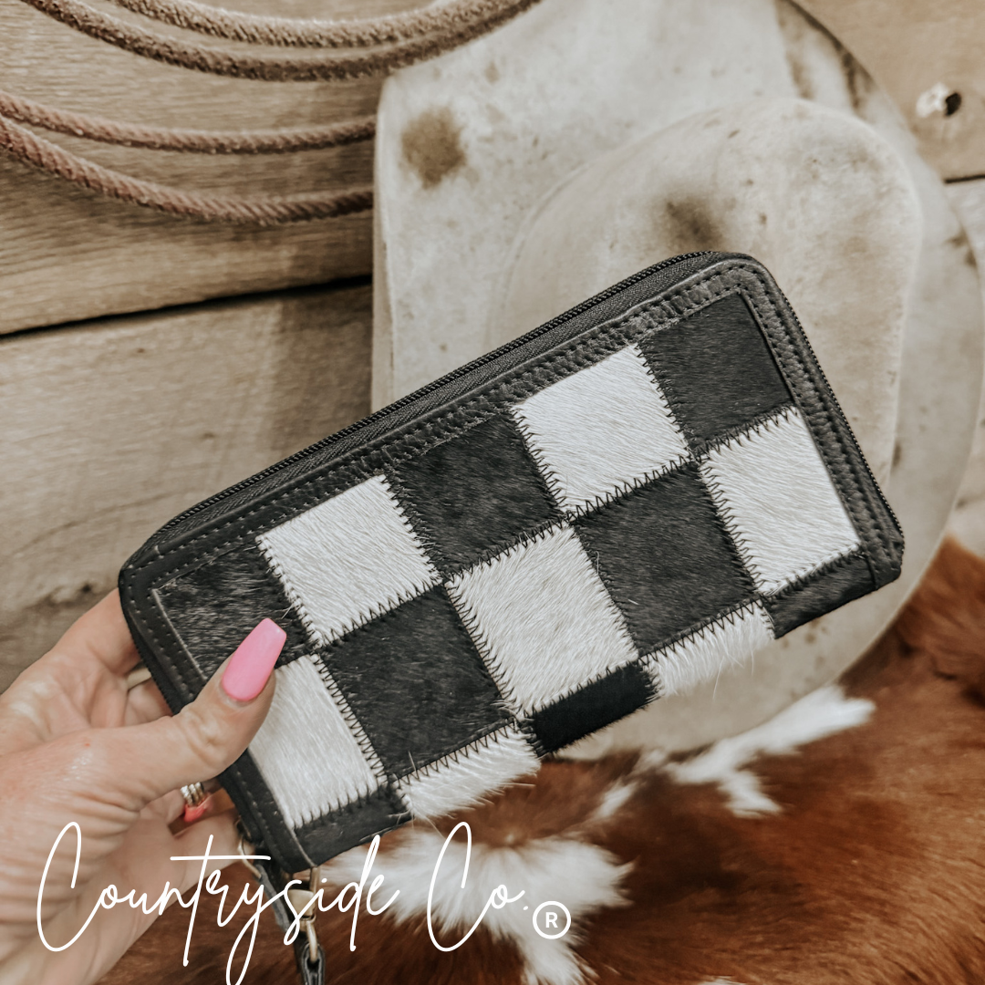 Checkered Cowhide Womens Wallet Wristlet Trendy