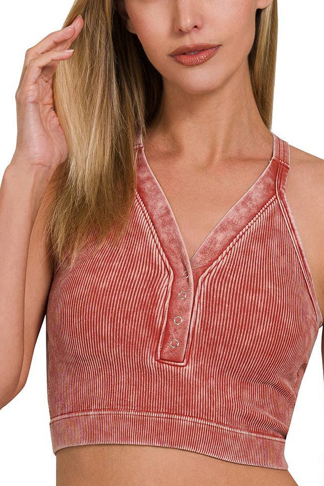 Washed Ribbed Cropped Button V-neck Tank Top