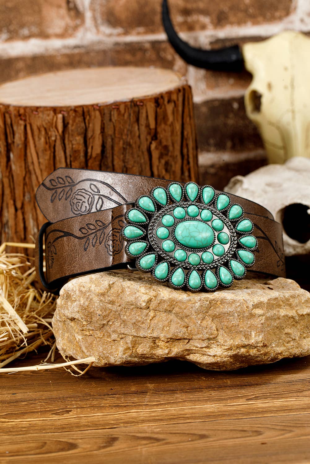 Turquoise Gem Stone Western Fashion Faux Leather Belt
