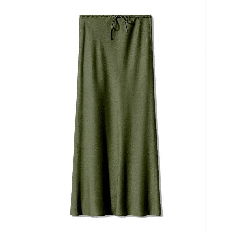 Solid Color High Waist Drawstring Belted Satin Maxi Skirt