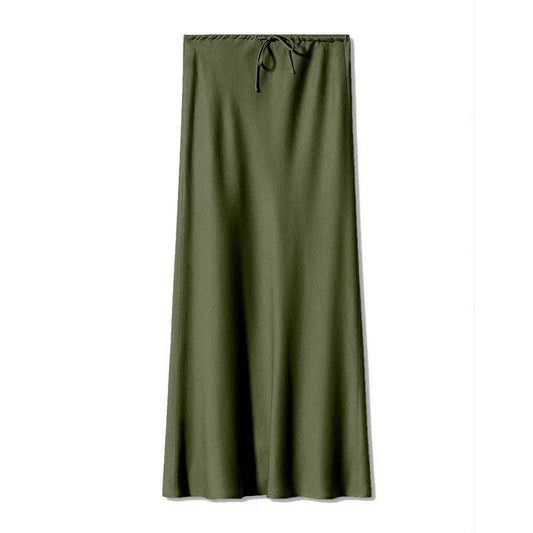 Solid Color High Waist Drawstring Belted Satin Maxi Skirt
