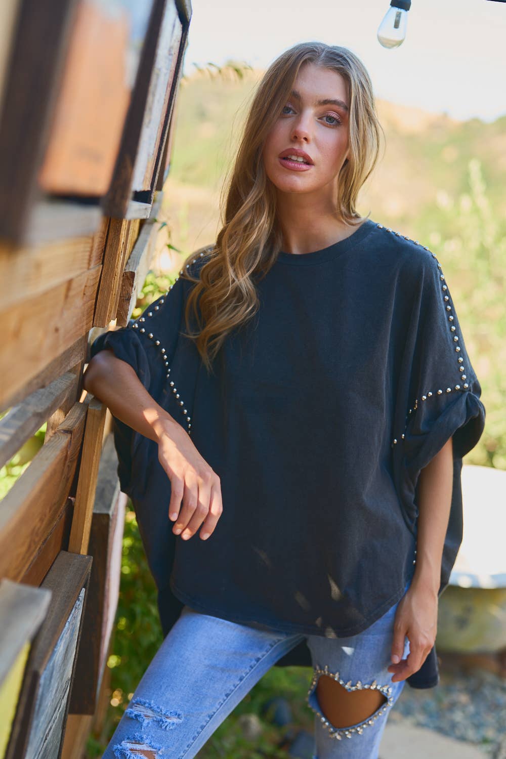 Garment Washed Roll Up Sleeve Studded High Low Tee