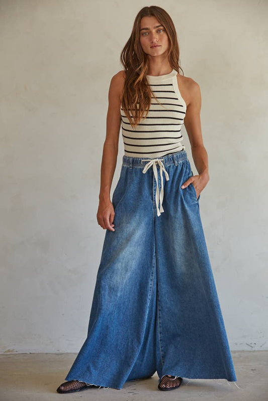 Denim Drawstring Waist Band Wide Leg Pants