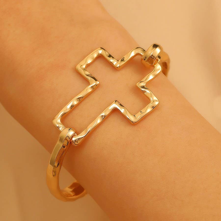 Hammered Open Cross Bangle - Silver or Gold