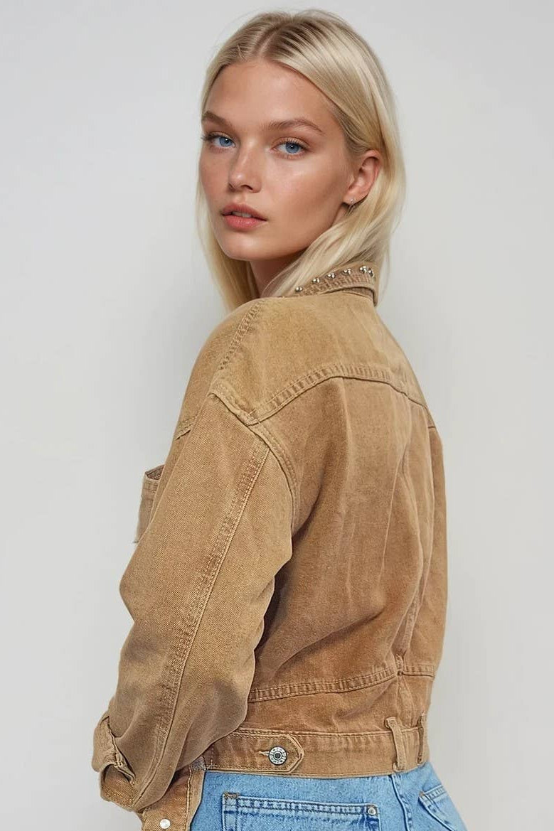 STUDDED CROPPED WASHED DENIM JACKET