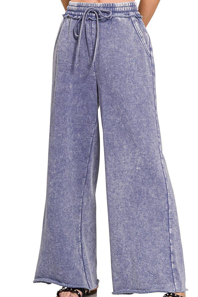 Acid Wash Fleece Palazzo Sweatpants With Pockets