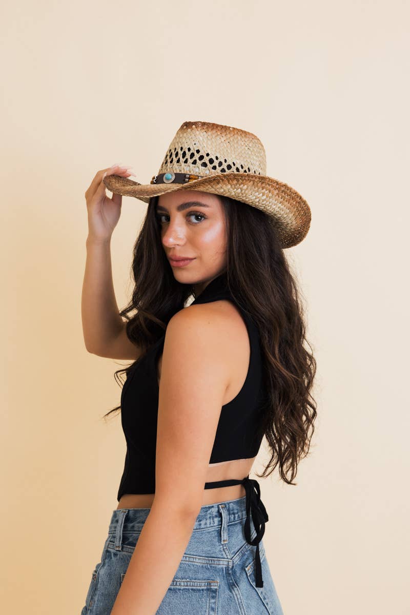 Turquoise Crown Burnt Ombre Western Cowgirl Rancher Hat