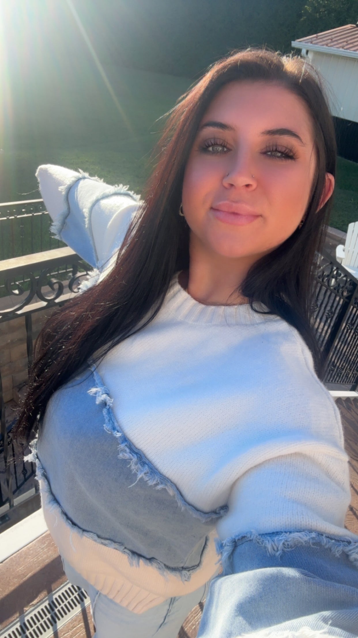 Colorblock Distressed Denim Patchwork Knit Sweater