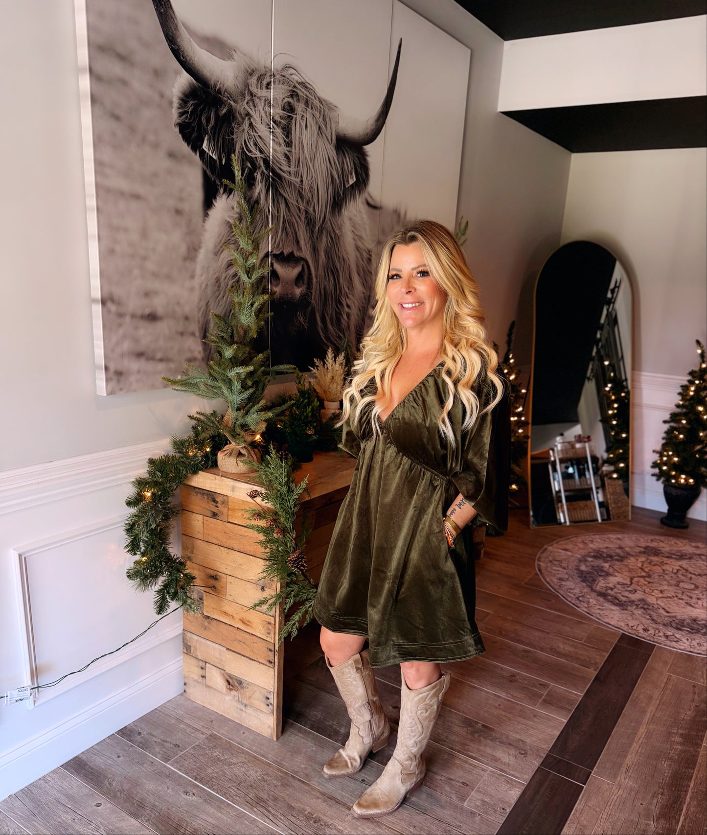 VelvetPuff Sleeve Deep V-Neck Short Dress