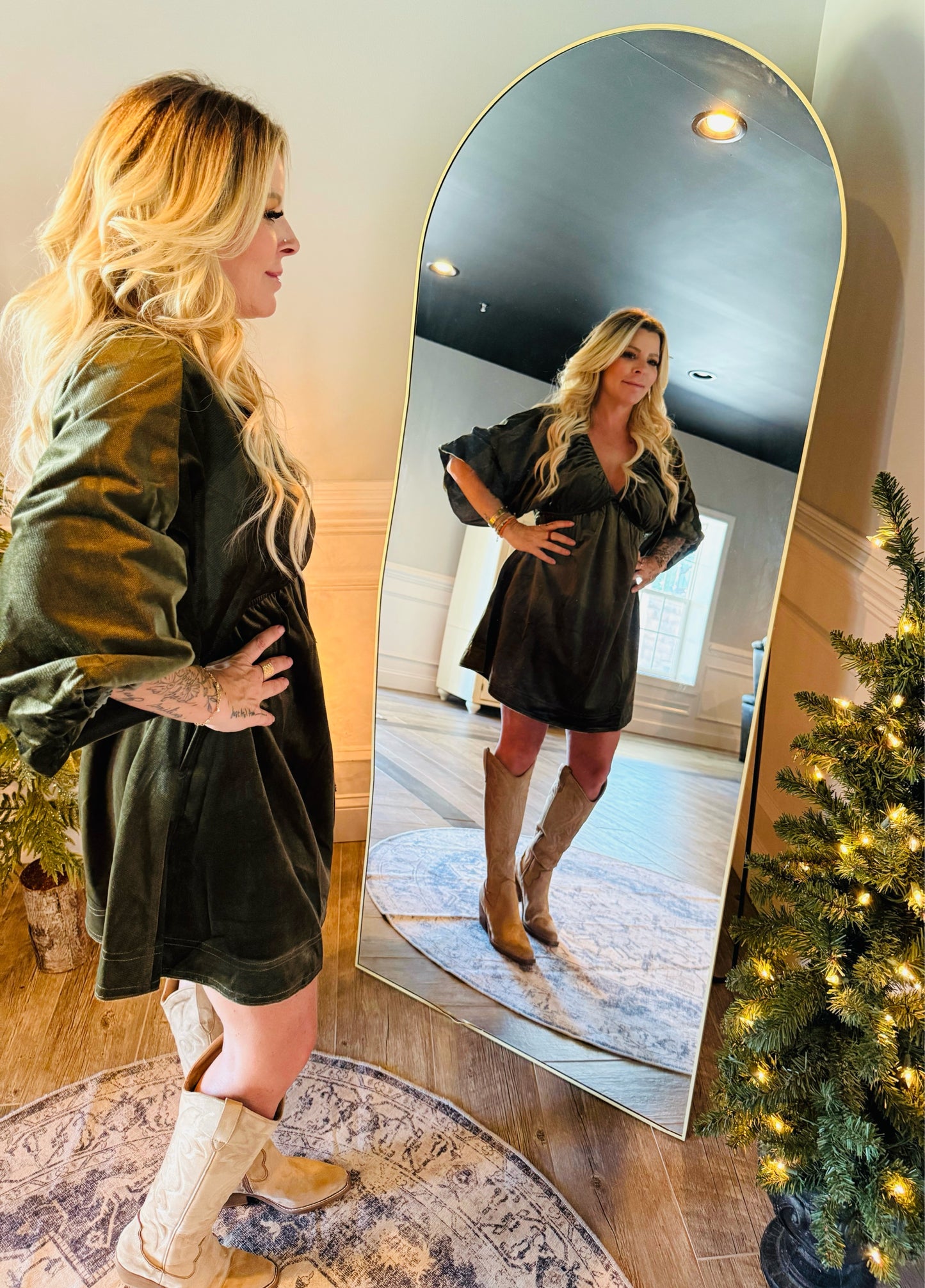 VelvetPuff Sleeve Deep V-Neck Short Dress