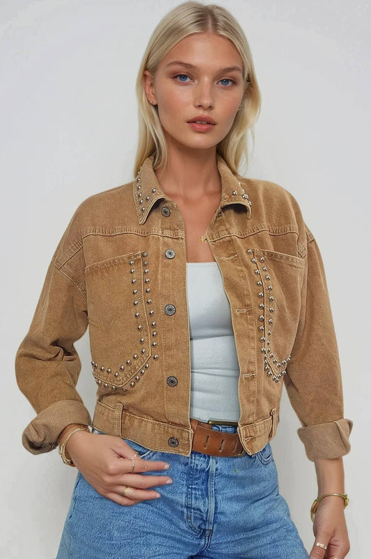 STUDDED CROPPED WASHED DENIM JACKET