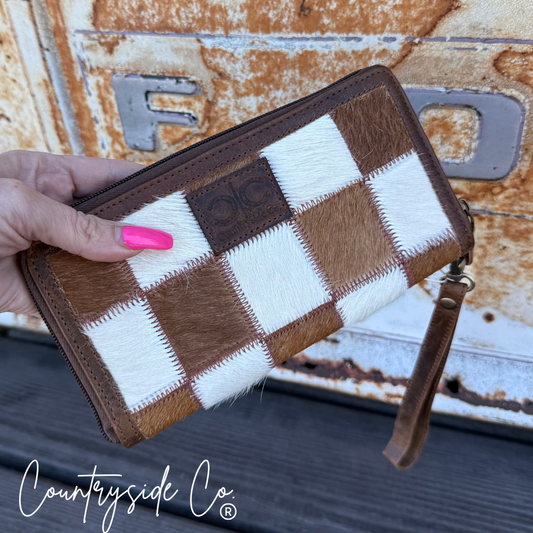 Checkered Cowhide Womens Wallet Wristlet Trendy