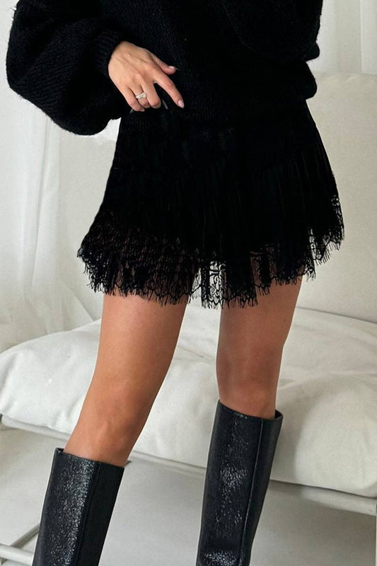 High-Waist Pleated Mini Lace Skirt