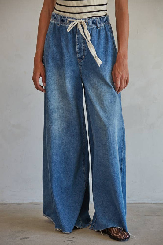 Denim Drawstring Waist Band Wide Leg Pants