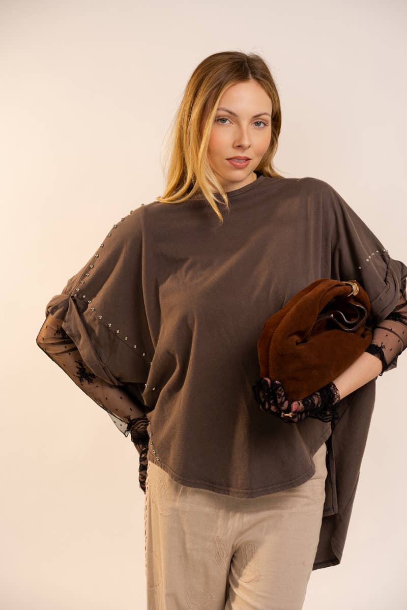 Garment Washed Roll Up Sleeve Studded High Low Tee
