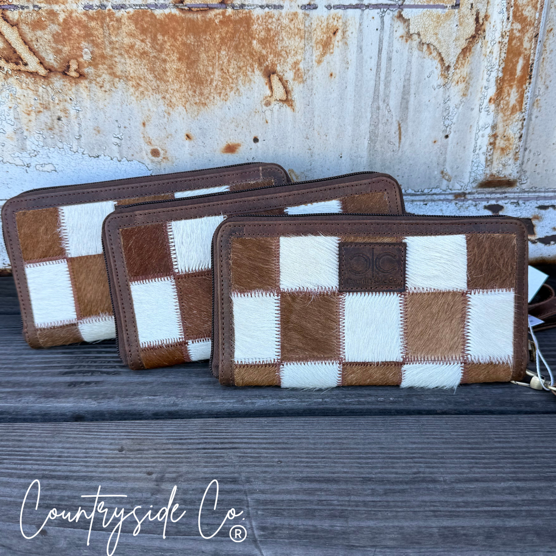 Checkered Cowhide Womens Wallet Wristlet Trendy