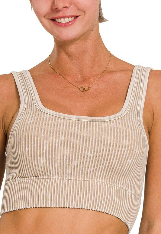 Washed Ribbed Square Neck Tank Top With Bra Pads