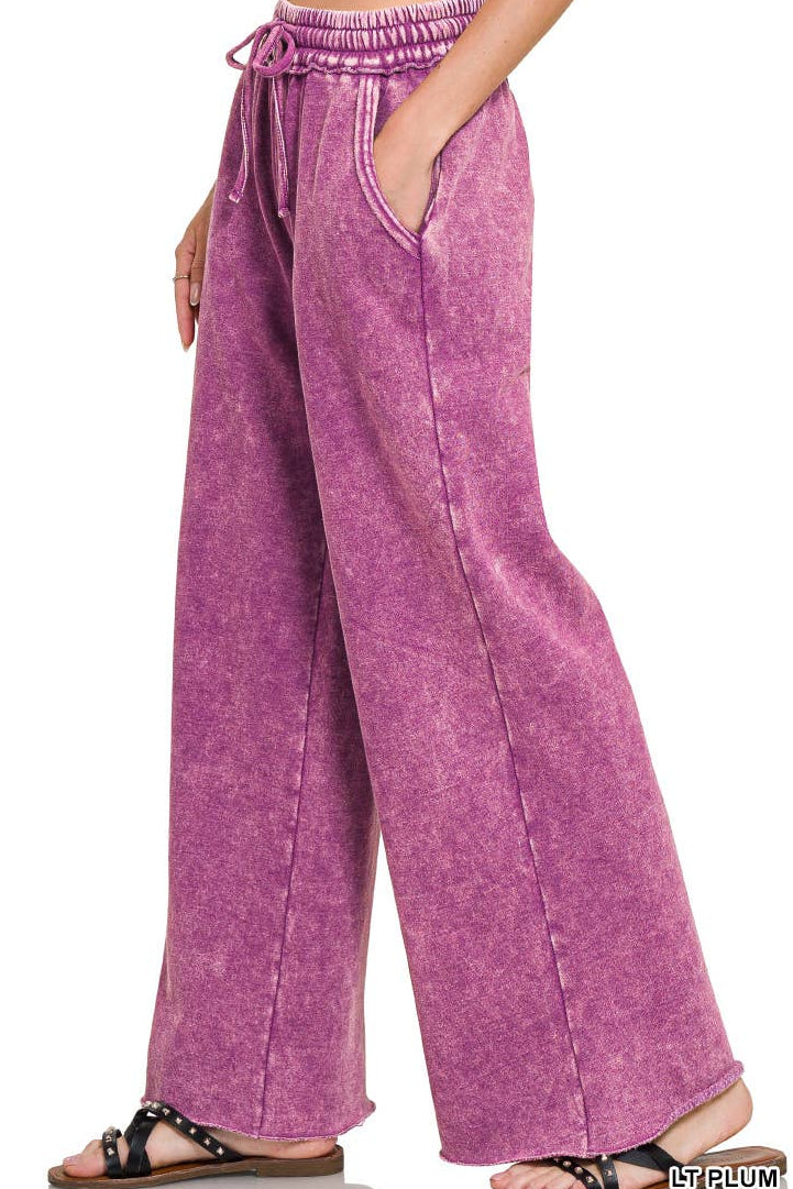 Acid Wash Fleece Palazzo Sweatpants With Pockets